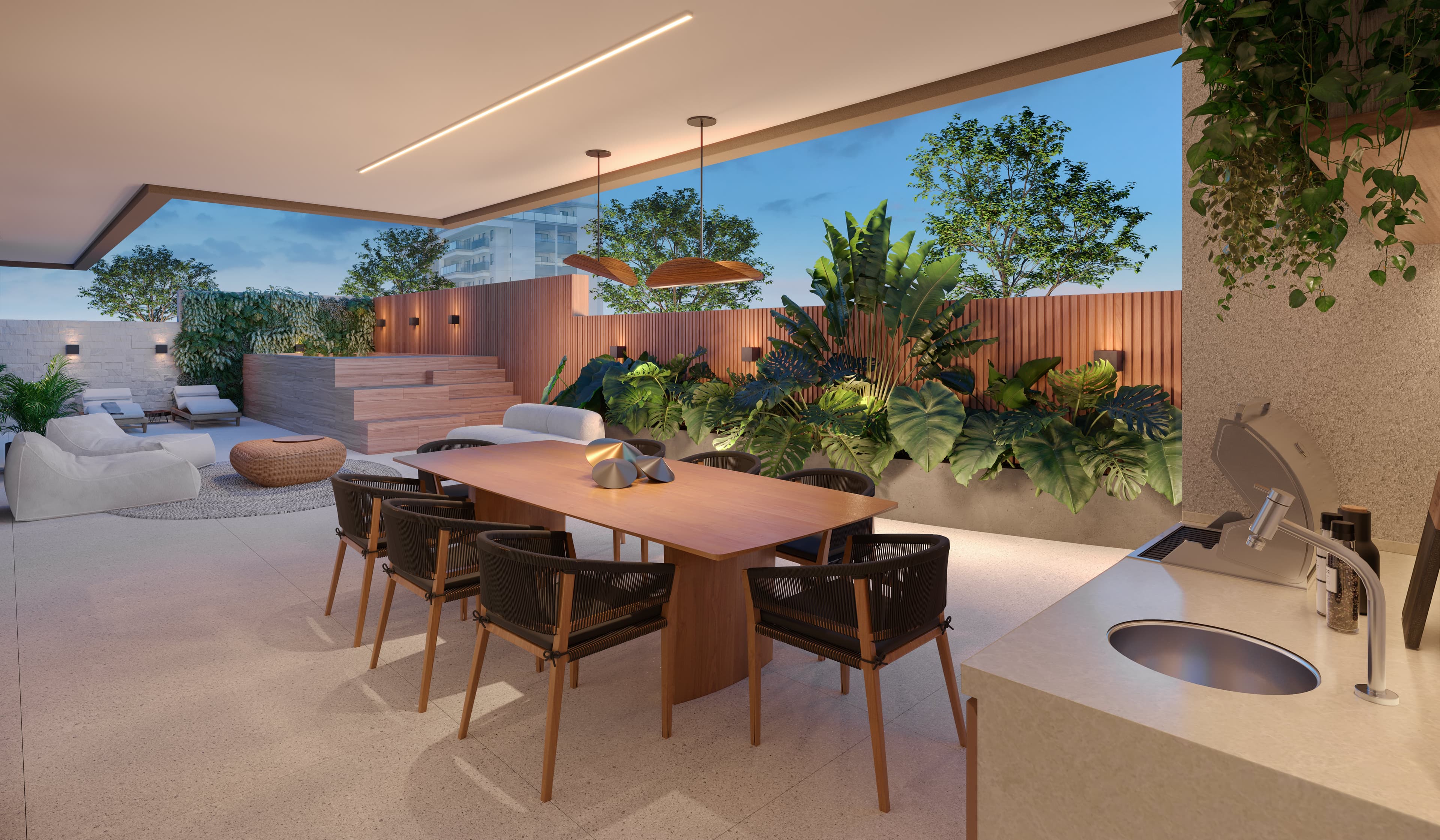 Luxury apartment garden with green plants and cozy seating area.